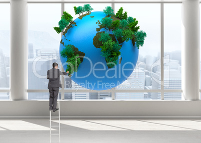 Composite image of businessman standing on ladder