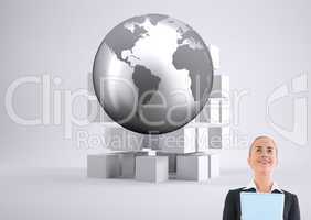 Composite image of businesswoman holding new tablet