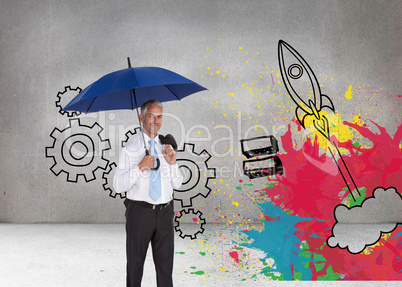 Composite image of happy businessman holding umbrella