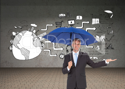 Composite image of peaceful businessman holding blue umbrella