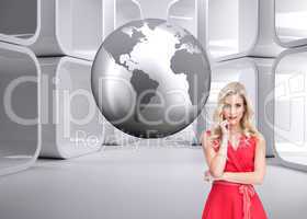 Composite image of thoughtful blonde wearing red dress