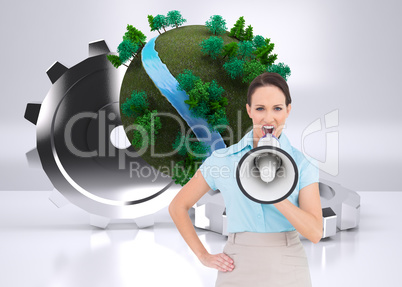 Composite image of furious classy businesswoman talking in megap