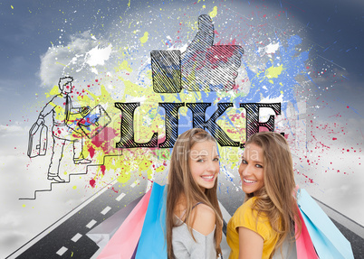 Composite image of two young women with shopping bags