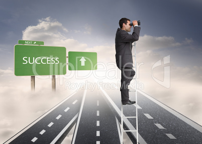 Composite image of businessman standing on ladder