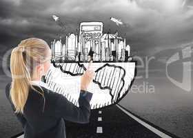 Composite image of businesswoman pointing somewhere