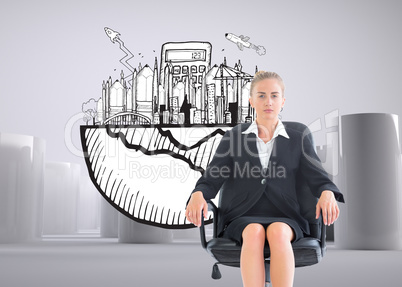 Composite image of businesswoman sitting on swivel chair in blac