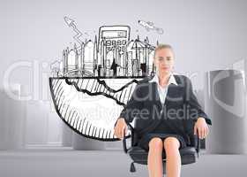 Composite image of businesswoman sitting on swivel chair in blac