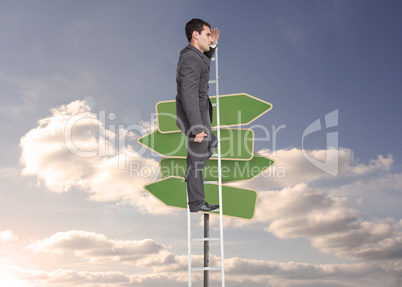 Composite image of stern businessman standing on ladder