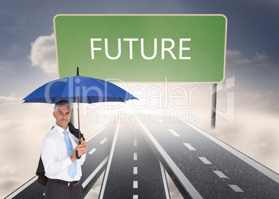 Composite image of businessman holding blue umbrella