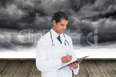 Composite image of smiling doctor holding pen and clipboard