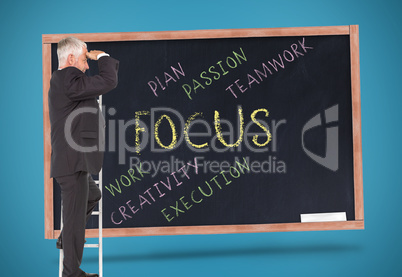 Composite image of mature businessman standing on ladder