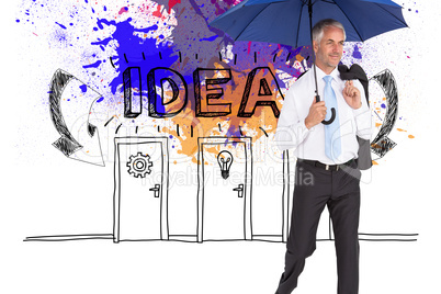 Composite image of happy businessman holding umbrella