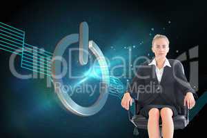 Composite image of businesswoman sitting on swivel chair in blac