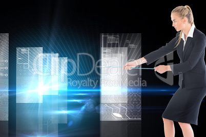 Composite image of businesswoman pulling a rope