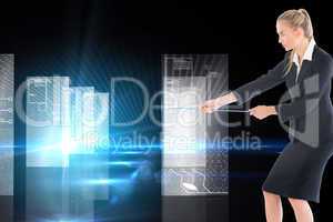 Composite image of businesswoman pulling a rope