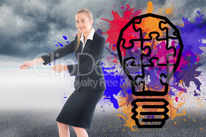 Composite image of businesswoman pulling a rope