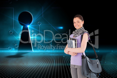 Composite image of attractive student holding books and her bag