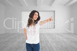 Composite image of cheerful attractive brunette wearing casual c