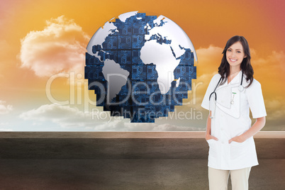 Composite image of confident and smiling woman doctor standing i