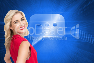 Composite image of smiling blonde standing hands on hips