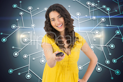 Composite image of smiling curly haired pretty woman changing ch