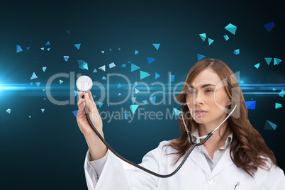 Composite image of thoughtful doctor using stethoscope