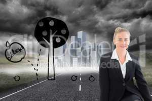 Composite image of businesswoman using laptop