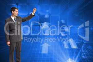 Composite image of happy businessman touching