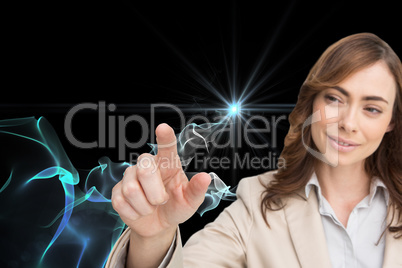 Composite image of businesswoman touching invisible screen