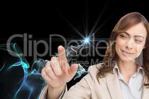 Composite image of businesswoman touching invisible screen