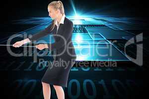 Composite image of businesswoman pulling a rope