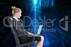 Composite image of businesswoman sitting on swivel chair with la