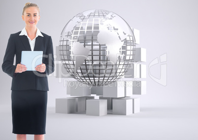 Composite image of businesswoman holding new tablet