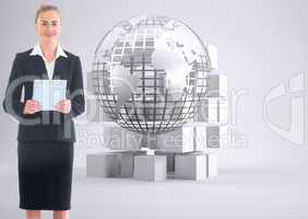 Composite image of businesswoman holding new tablet