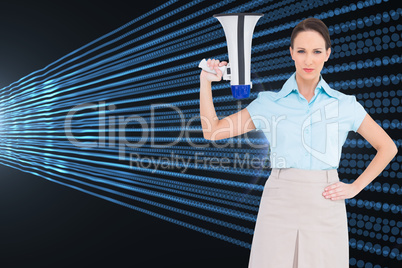 Composite image of stern classy businesswoman holding megaphone