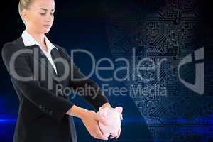 Composite image of businesswoman holding piggy bank