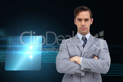 Composite image of young businessman looking at camera