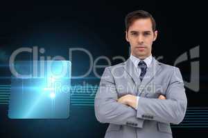 Composite image of young businessman looking at camera