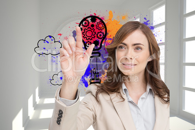 Composite image of smiling businesswoman pointing