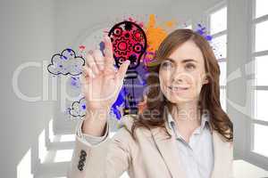 Composite image of smiling businesswoman pointing