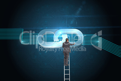 Composite image of businessman standing on ladder