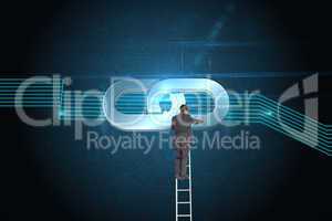 Composite image of businessman standing on ladder