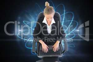 Composite image of businesswoman sitting on swivel chair with la