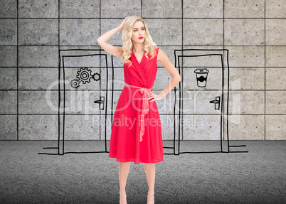 Composite image of elegant blonde standing hand on hip