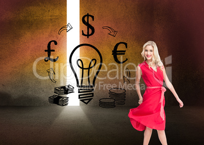 Composite image of smiling blonde walking