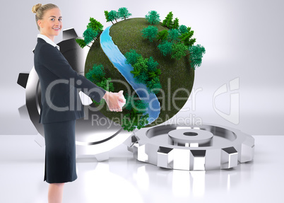 Composite image of happy businesswoman looking at camera