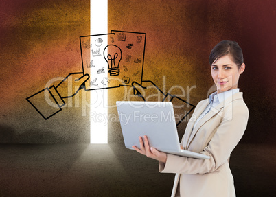 Composite image of confident young businesswoman with laptop