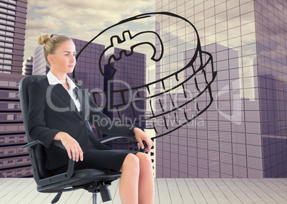 Composite image of businesswoman sitting on swivel chair in blac