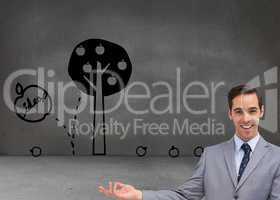 Composite image of young businessman presenting something