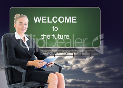 Composite image of businesswoman sitting on swivel chair with ta